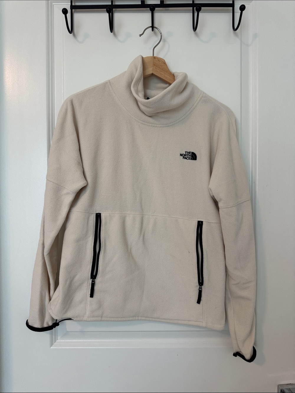 The North Face Cream High-Neck Fleece Jacket with Black Accents